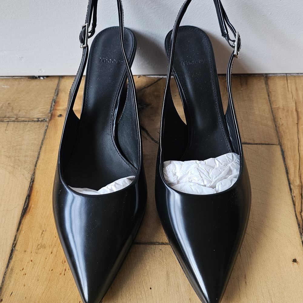 Theory Black Pointy Toe Sling Back Wedges Size 41 ITA (US 10.5) Made In Italy